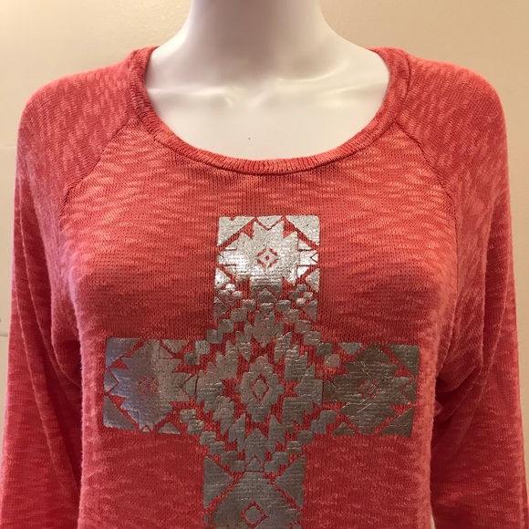 Ransom Lightweight Knit Sweater Womens Size Medium Silver Cross Salmon Orange - Picture 6 of 11